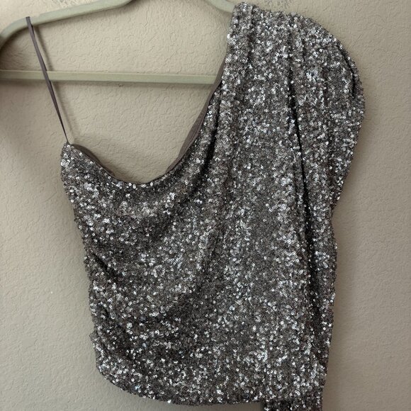 Express Sequin One Shoulder Puff Sleeve Top NYE New Years - Picture 4 of 10